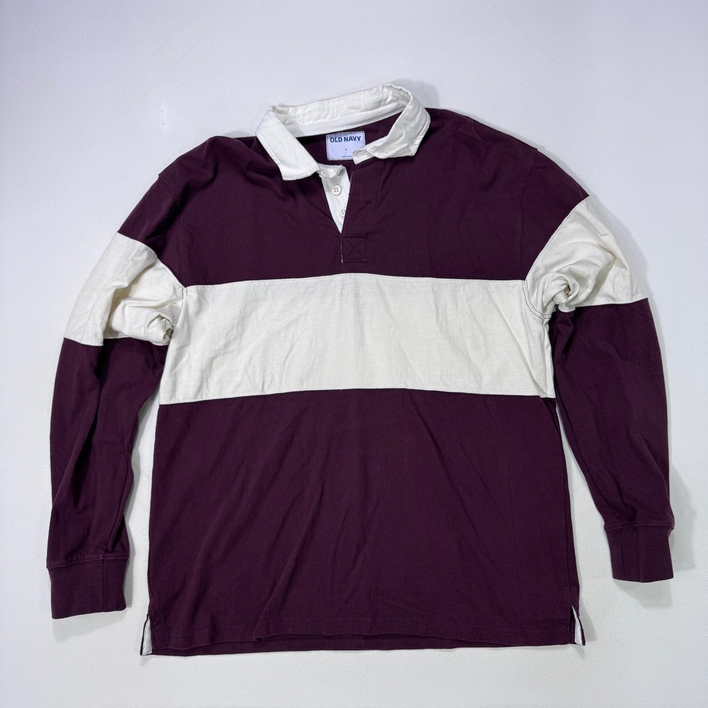 Old Navy Mens Large Rugby Shirt Burgundy White Stripe Long Sleeve Polo Academia